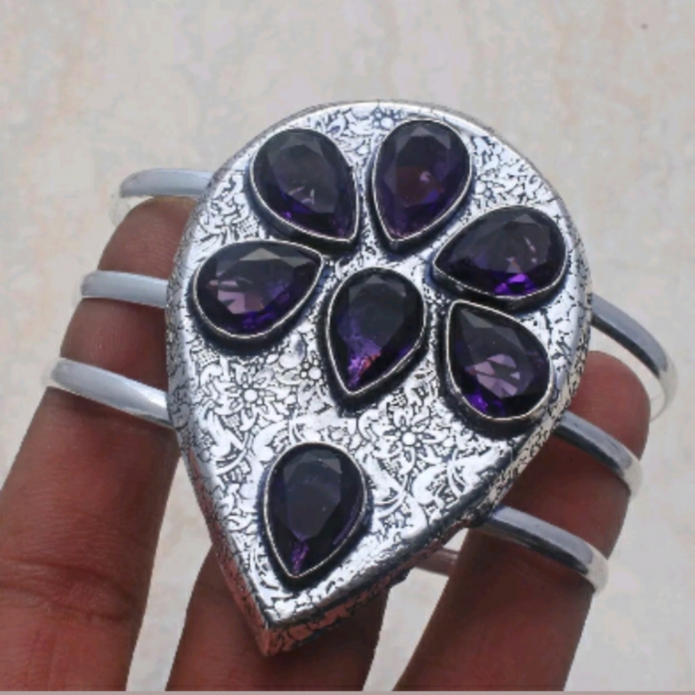 New Oversized Amethyst 925 Silver Cuff Bracelet.